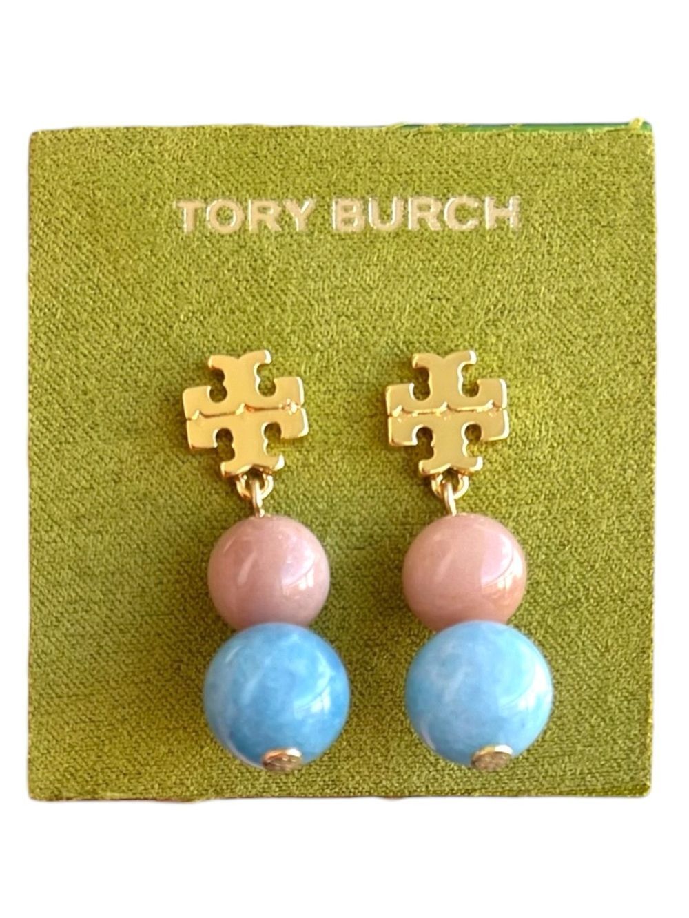 Tory Burch Gold Logo Pink And Blue Natural Stone Drop Earrings